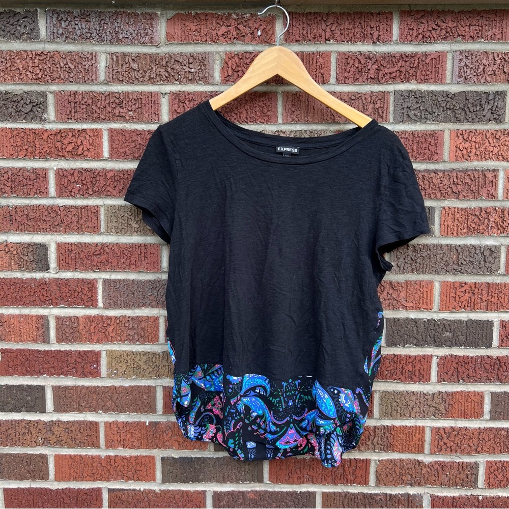 Express Navy Blue and Floral Paisley Colored Chiffon Block Short Sleeve Top